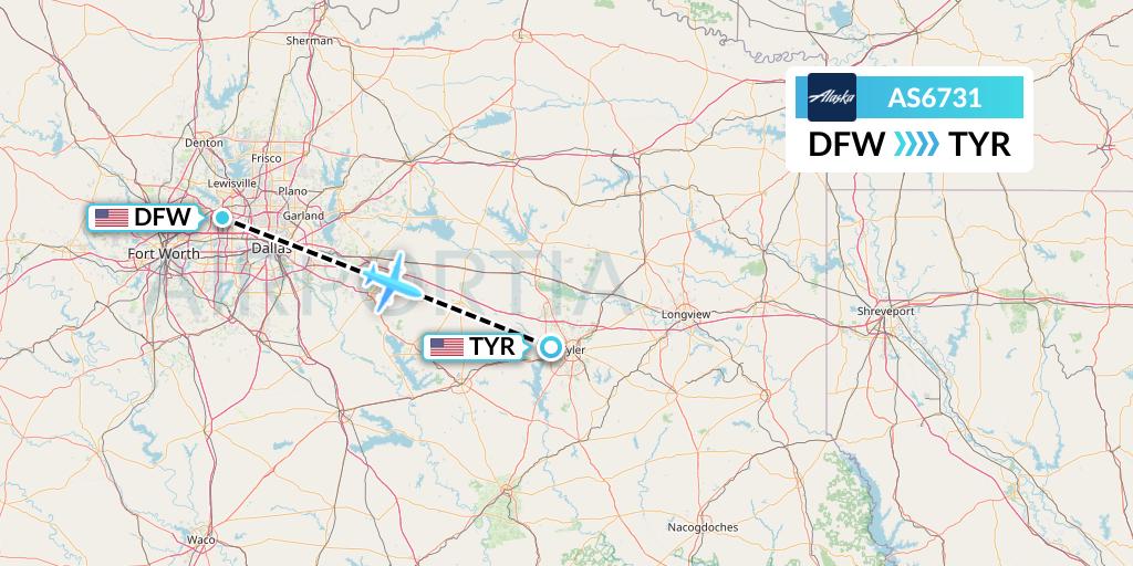 AS6731 Alaska Airlines Flight Map: Dallas to Tyler
