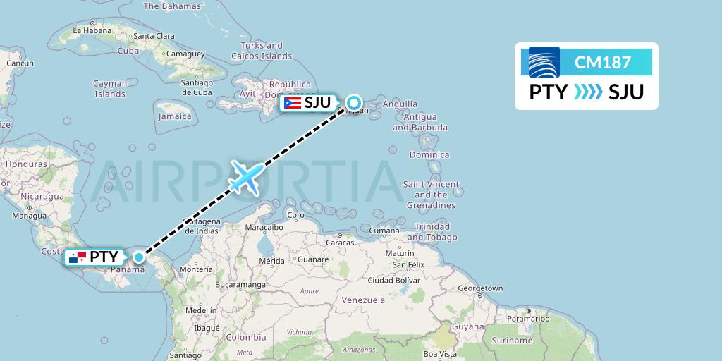 CM187 Copa Airlines Flight Map: Panama City to San Juan