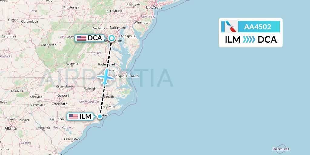 AA4502 American Airlines Flight Map: Wilmington to Washington