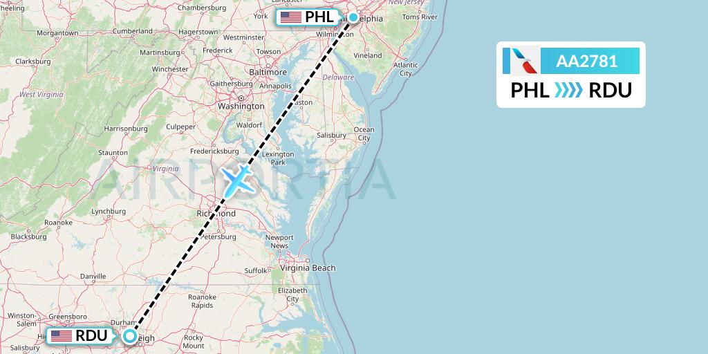 AA2781 American Airlines Flight Map: Philadelphia to Raleigh-Durham