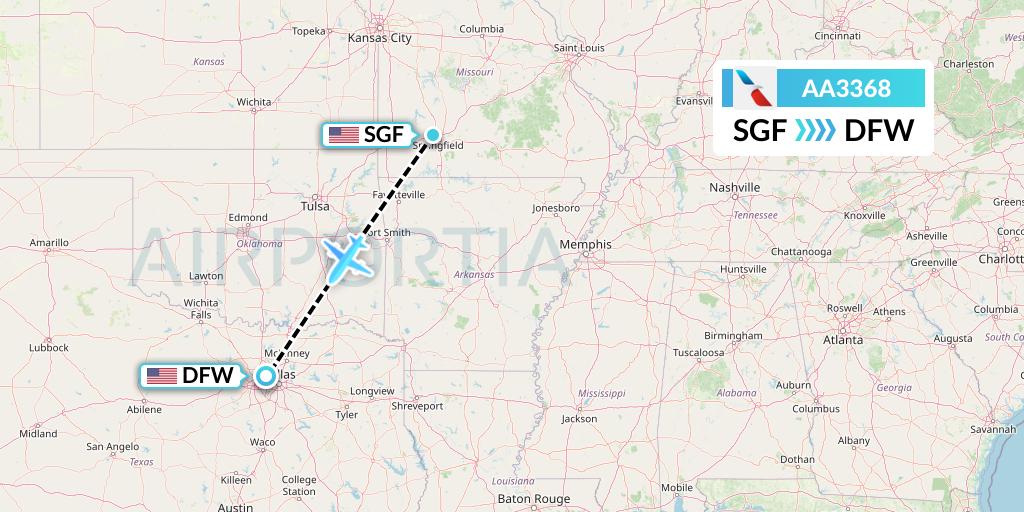 AA3368 American Airlines Flight Map: Springfield to Dallas