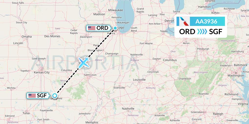 AA3936 American Airlines Flight Map: Chicago to Springfield