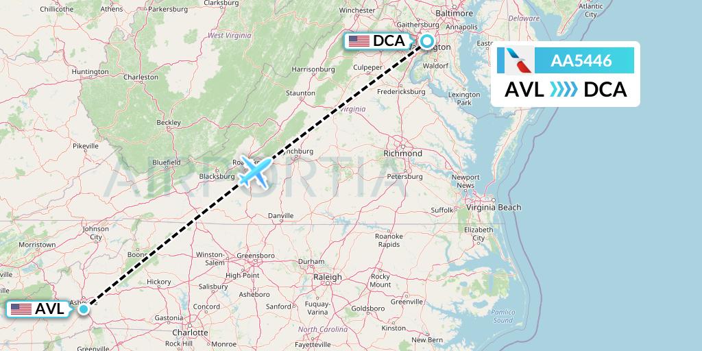 AA5446 American Airlines Flight Map: Asheville to Washington