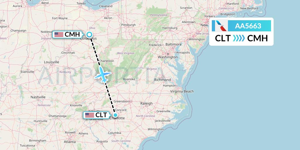 AA5663 American Airlines Flight Map: Charlotte to Columbus