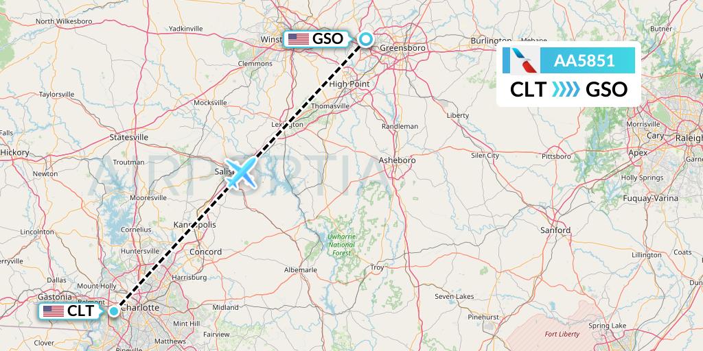 AA5851 American Airlines Flight Map: Charlotte to Greensboro