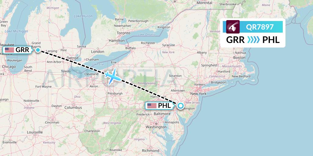 QR7897 Qatar Airways Flight Map: Grand Rapids to Philadelphia