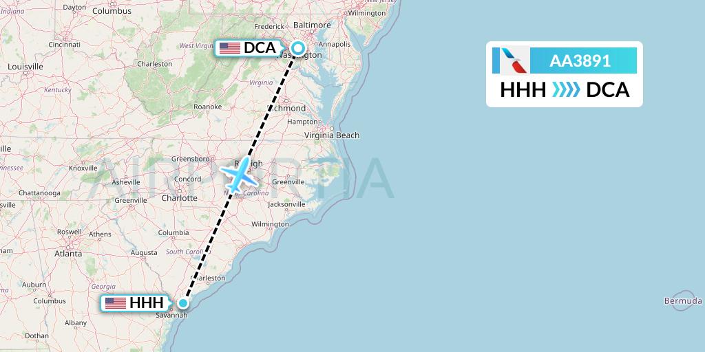 AA3891 American Airlines Flight Map: Hilton Head Island to Washington