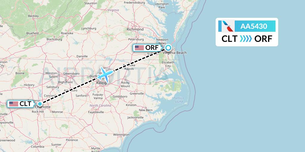 AA5430 American Airlines Flight Map: Charlotte to Norfolk
