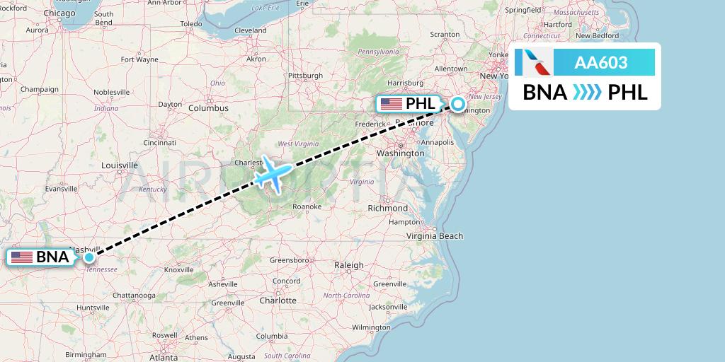 AA603 American Airlines Flight Map: Nashville to Philadelphia