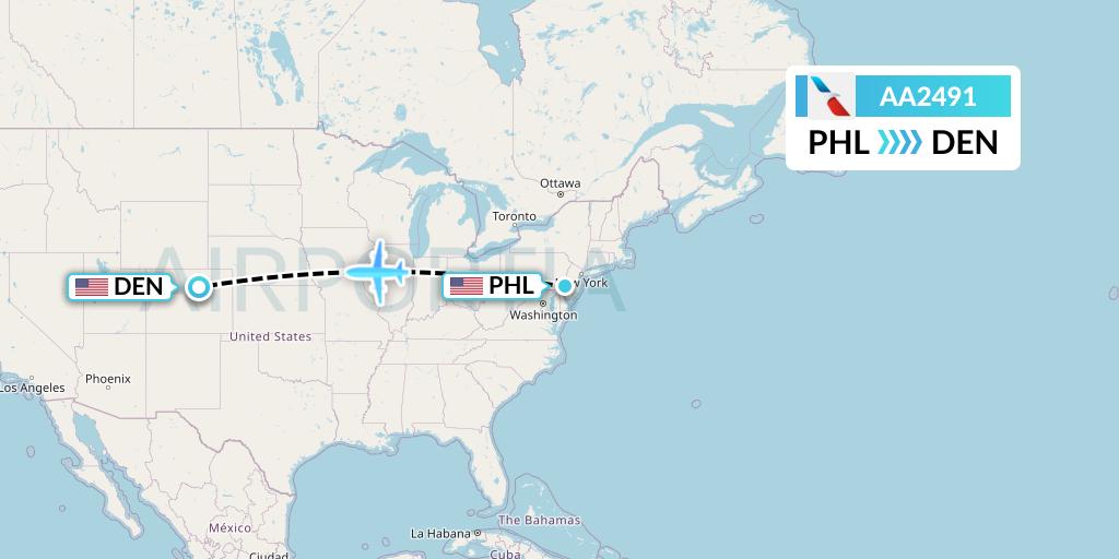 AA2491 American Airlines Flight Map: Philadelphia to Denver