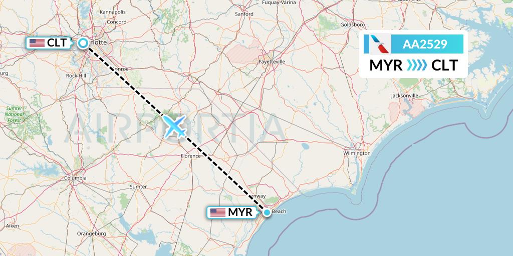 AA2529 American Airlines Flight Map: Myrtle Beach to Charlotte