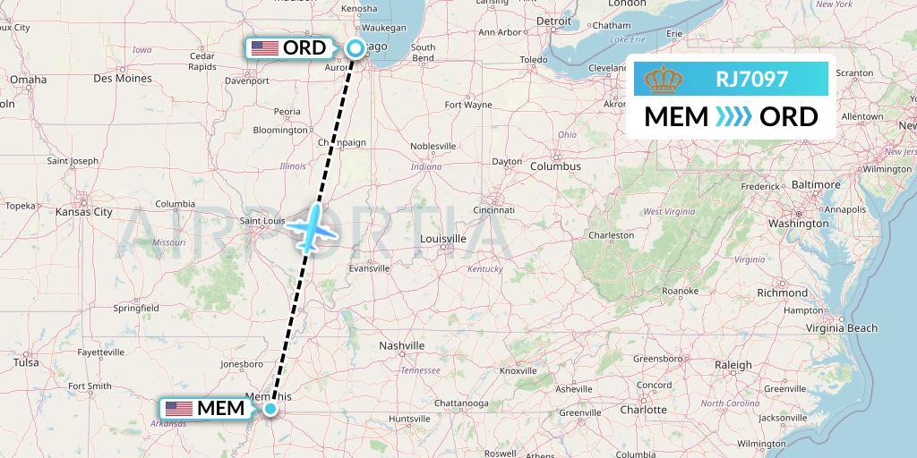 RJ7097 Royal Jordanian Flight Map: Memphis to Chicago