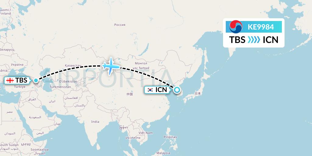 KE9984 Korean Air Flight Map: Tbilisi to Seoul