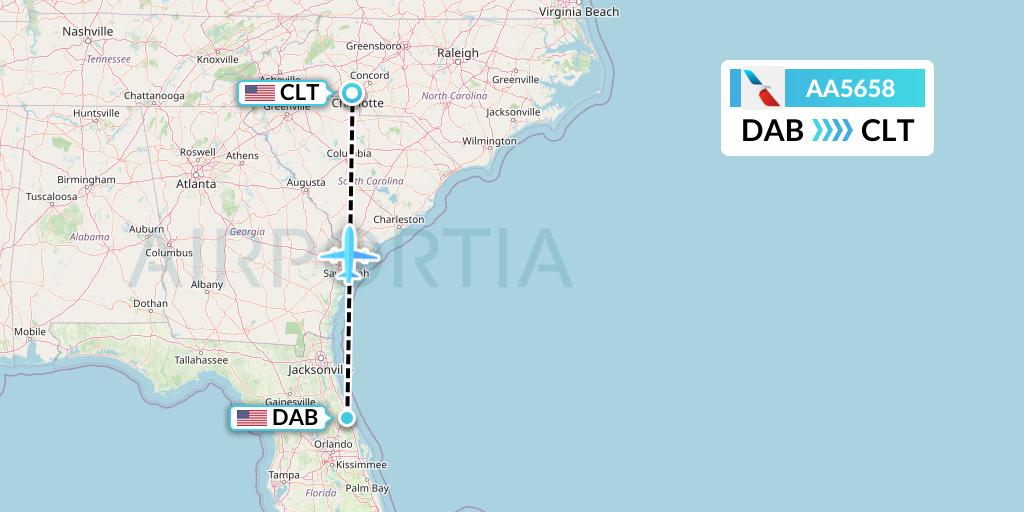 AA5658 American Airlines Flight Map: Daytona Beach to Charlotte