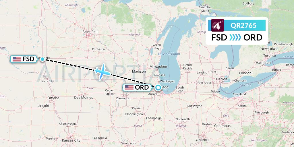 QR2765 Qatar Airways Flight Map: Sioux Falls to Chicago