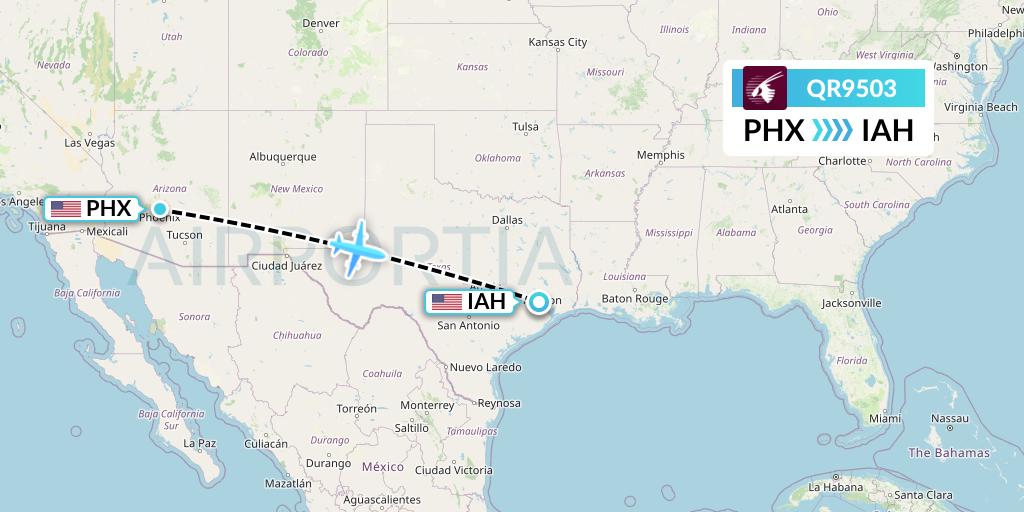 QR9503 Qatar Airways Flight Map: Phoenix to Houston