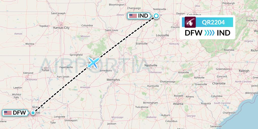 QR2204 Qatar Airways Flight Map: Dallas to Indianapolis