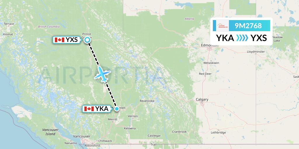 9M2768 Central Mountain Air Flight Map: Kamloops to Prince George