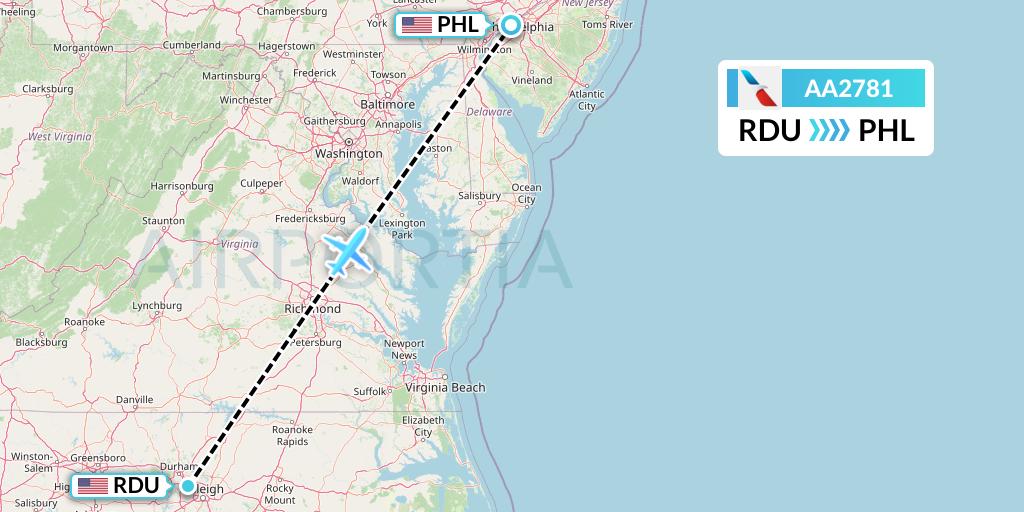 AA2781 American Airlines Flight Map: Raleigh-Durham to Philadelphia