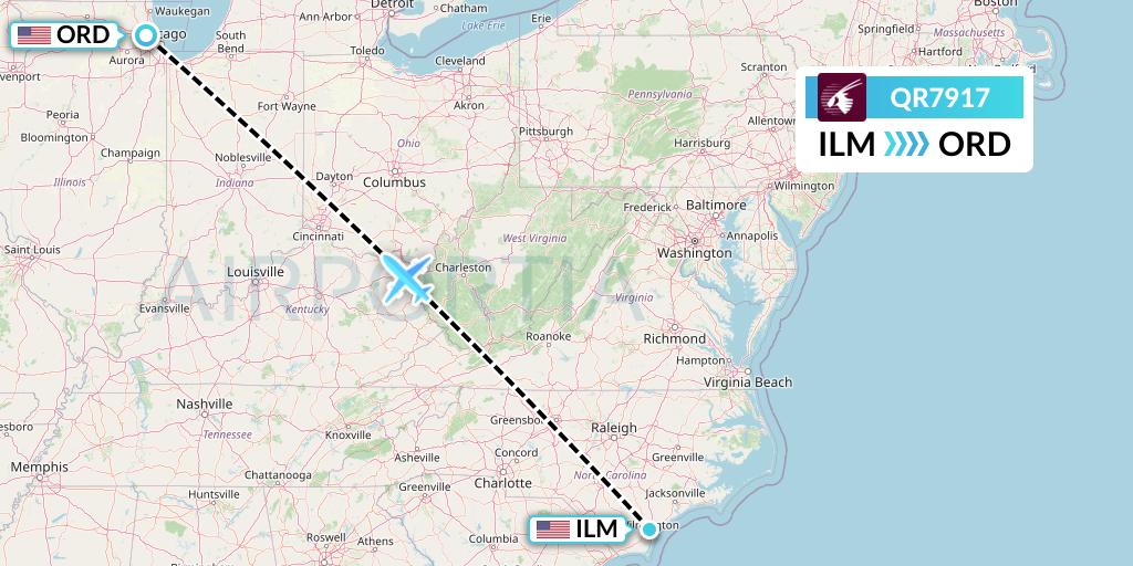QR7917 Qatar Airways Flight Map: Wilmington to Chicago