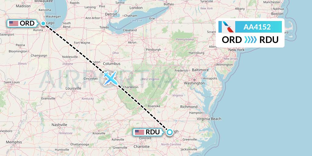 AA4152 American Airlines Flight Map: Chicago to Raleigh-Durham