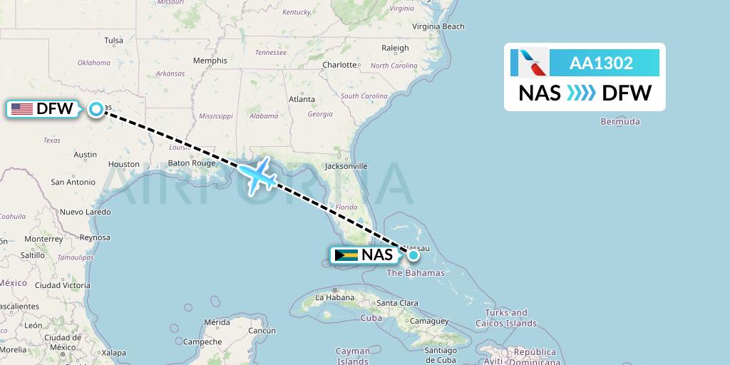 AA1302 American Airlines Flight Map: Nassau to Dallas