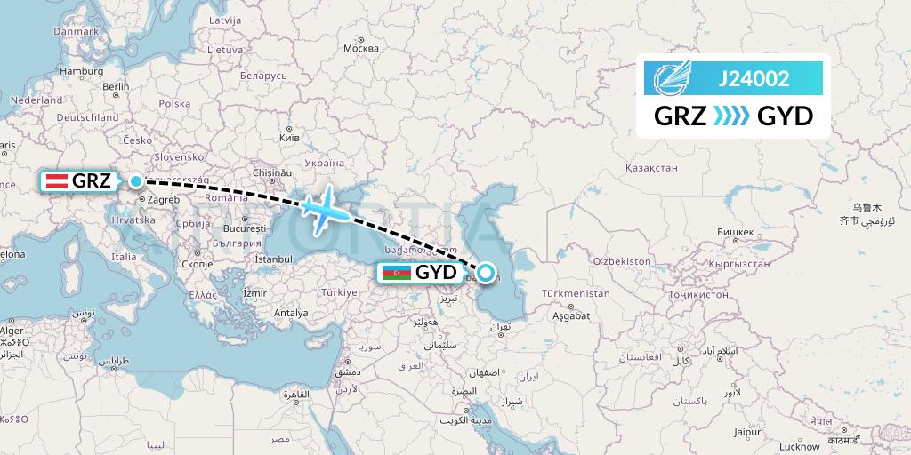 J24002 Azerbaijan Airlines Flight Map: Graz to Baku