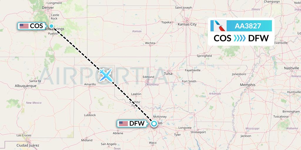 AA3827 American Airlines Flight Map: Colorado Springs to Dallas