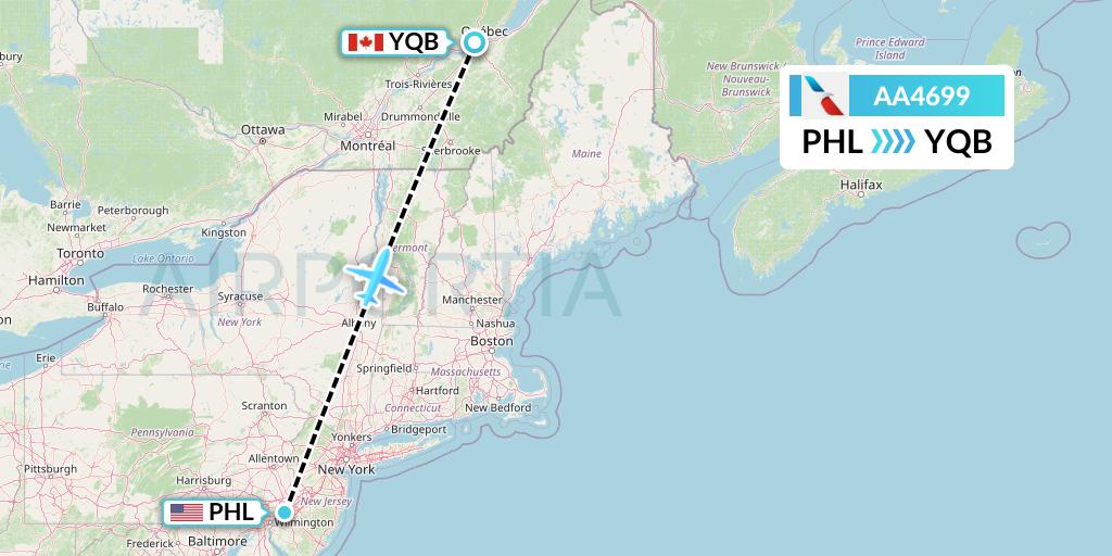 AA4699 American Airlines Flight Map: Philadelphia to Quebec