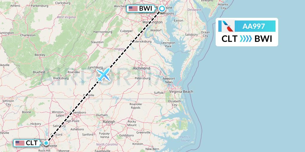 AA997 American Airlines Flight Map: Charlotte to Baltimore