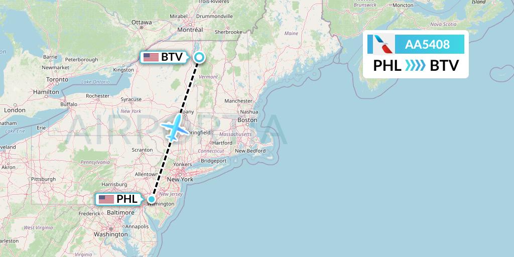 AA5408 American Airlines Flight Map: Philadelphia to Burlington