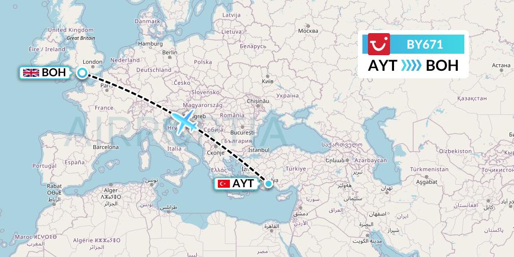 BY671 TUI Airways Flight Map: Antalya to Bournemouth