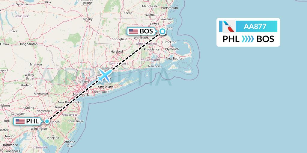 AA877 American Airlines Flight Map: Philadelphia to Boston