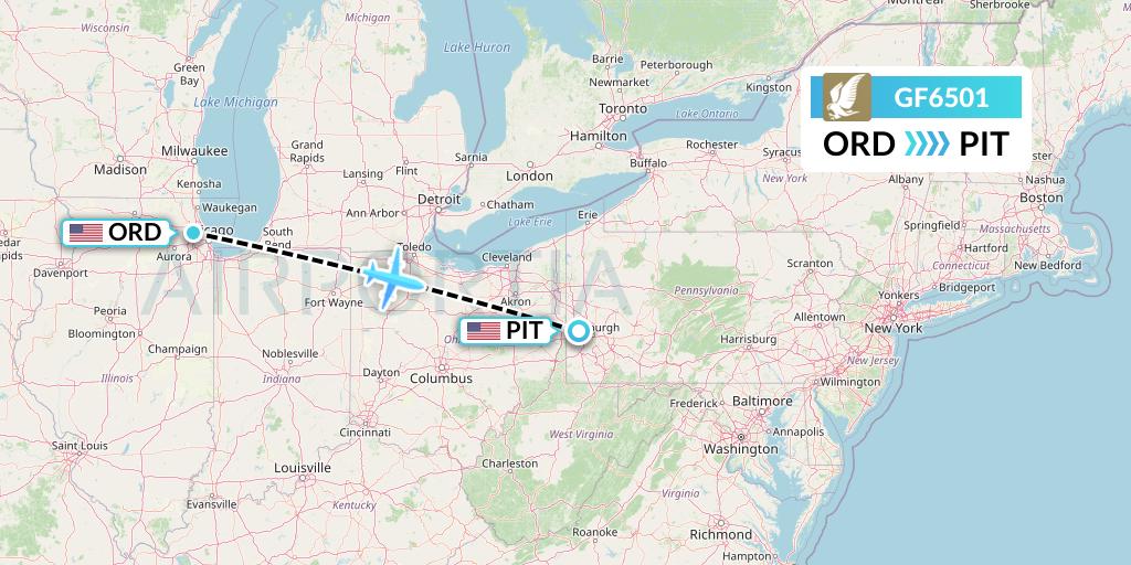 GF6501 Gulf Air Flight Map: Chicago to Pittsburgh