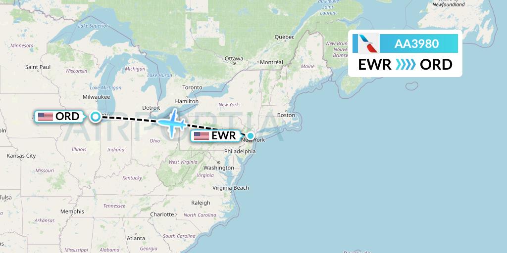 AA3980 American Airlines Flight Map: New York to Chicago