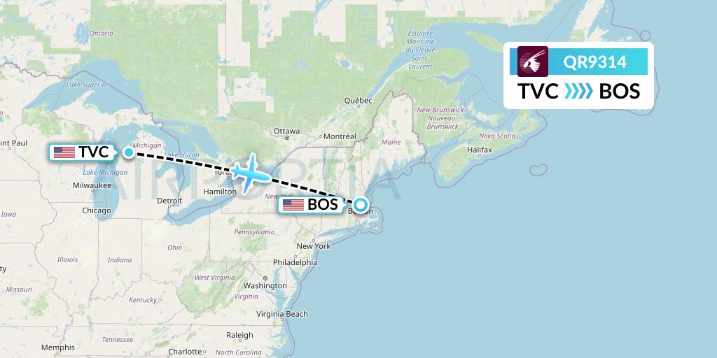 QR9314 Qatar Airways Flight Map: Traverse City to Boston
