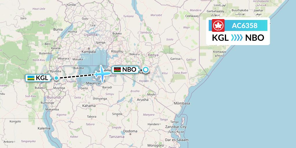 AC6358 Air Canada Flight Map: Kigali to Nairobi