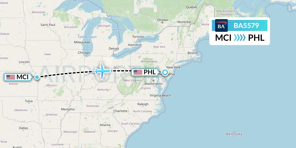 BA5579 British Airways Flight Map: Kansas City to Philadelphia