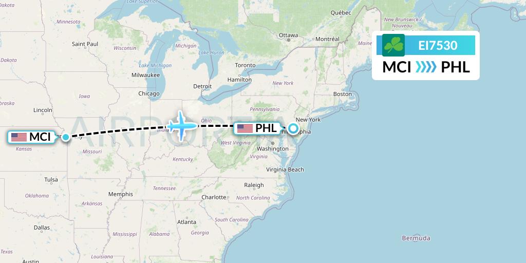 EI7530 Aer Lingus Flight Map: Kansas City to Philadelphia