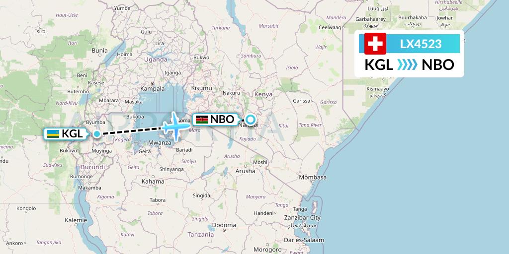 LX4523 Swiss Flight Map: Kigali to Nairobi