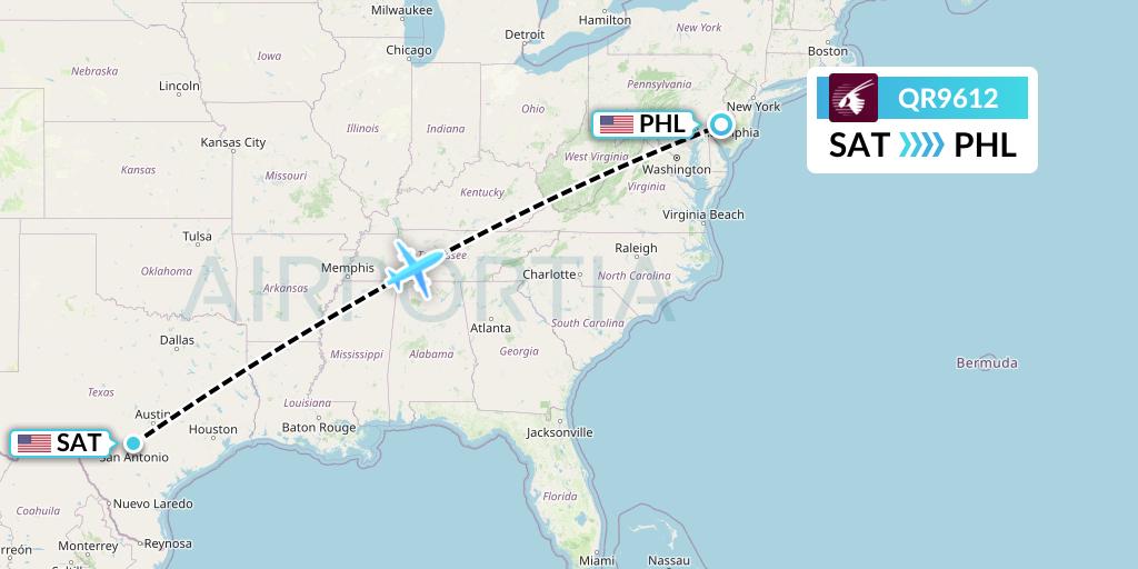 QR9612 Qatar Airways Flight Map: San Antonio to Philadelphia