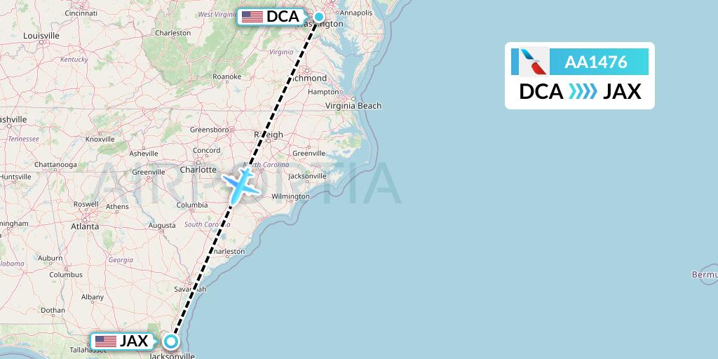 AA1476 American Airlines Flight Map: Washington to Jacksonville