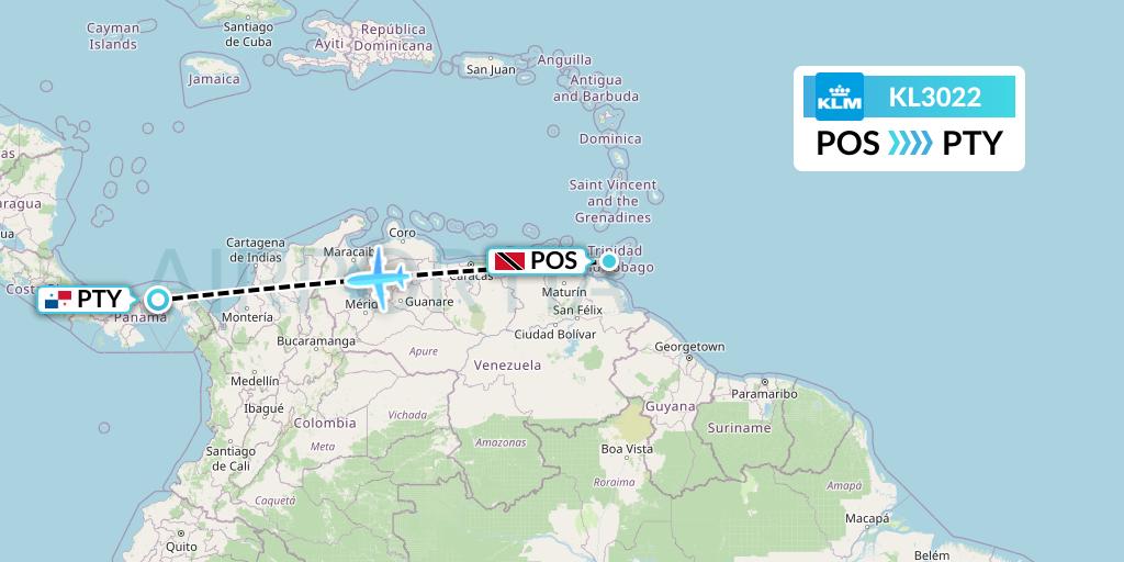 KL3022 KLM Flight Map: Port of Spain to Panama City