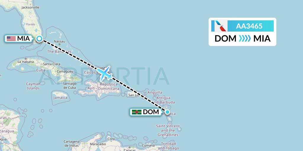 AA3465 American Airlines Flight Map: Dominica to Miami