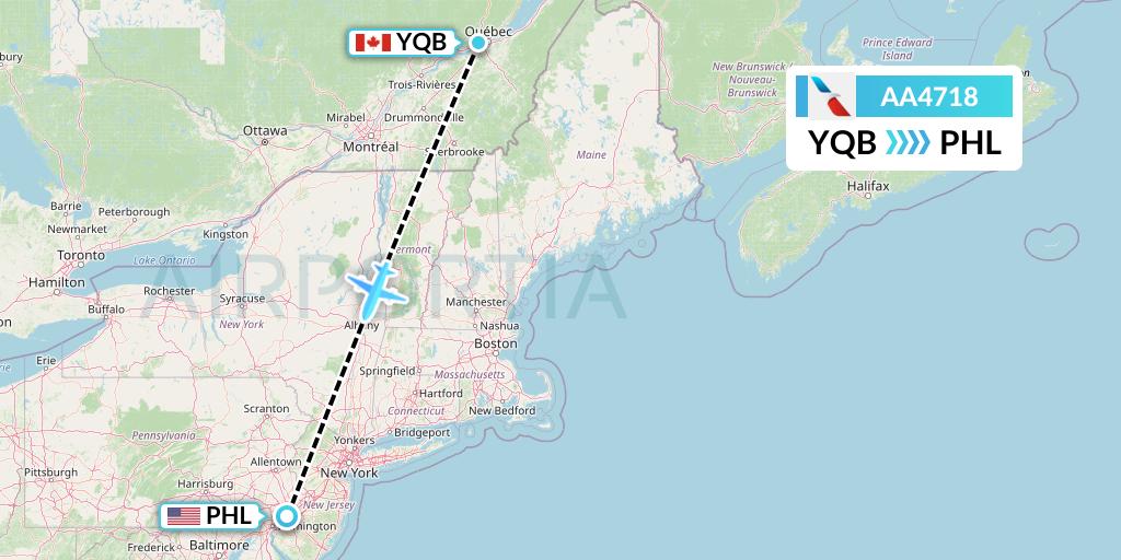 AA4718 American Airlines Flight Map: Quebec to Philadelphia