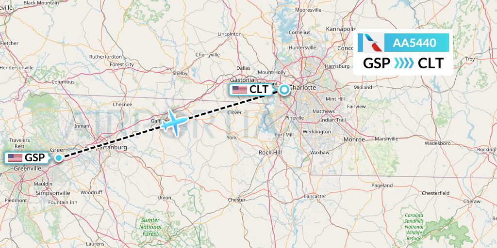 AA5440 American Airlines Flight Map: Greenville-Spartanburg to Charlotte