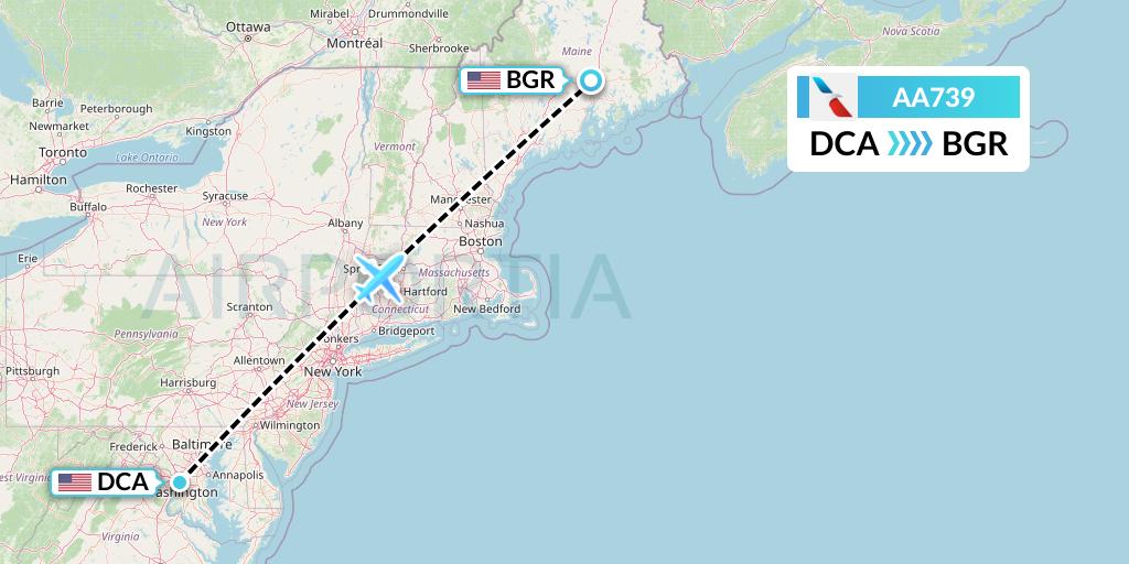 AA739 American Airlines Flight Map: Washington to Bangor