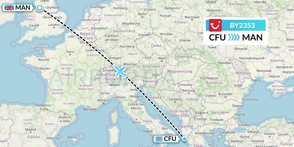 BY2353 TUI Airways Flight Map: Corfu to Manchester