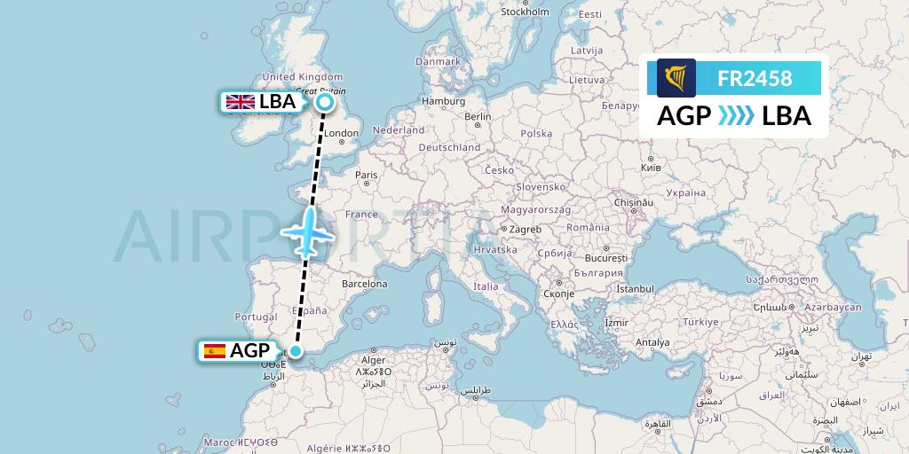 FR2458 Ryanair Flight Map: Malaga to Leeds