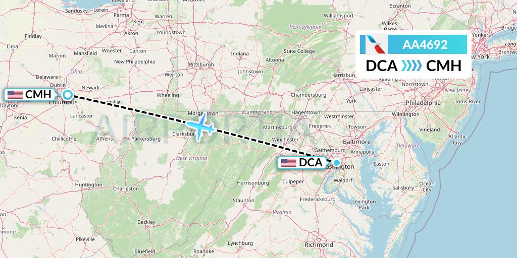 AA4692 American Airlines Flight Map: Washington to Columbus